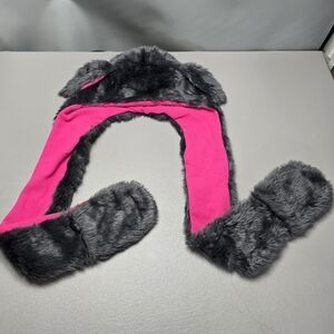 D&Y gray and pink faux fur hat with ears and gloves one size